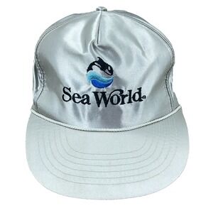 Vintage Sea World Hat Cap Gray Nylon Strap Back 90s Y2K Promo Rope Trucker Adult